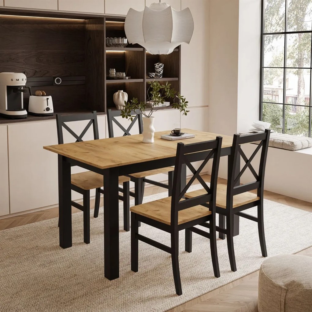 ROZKLÁDACÍ JEDÁLENSKÝ STÔL DANILO ČIERNY + DUB CRAFT ZLATÝ 140 / 195 cm + 4 STOLIČKY