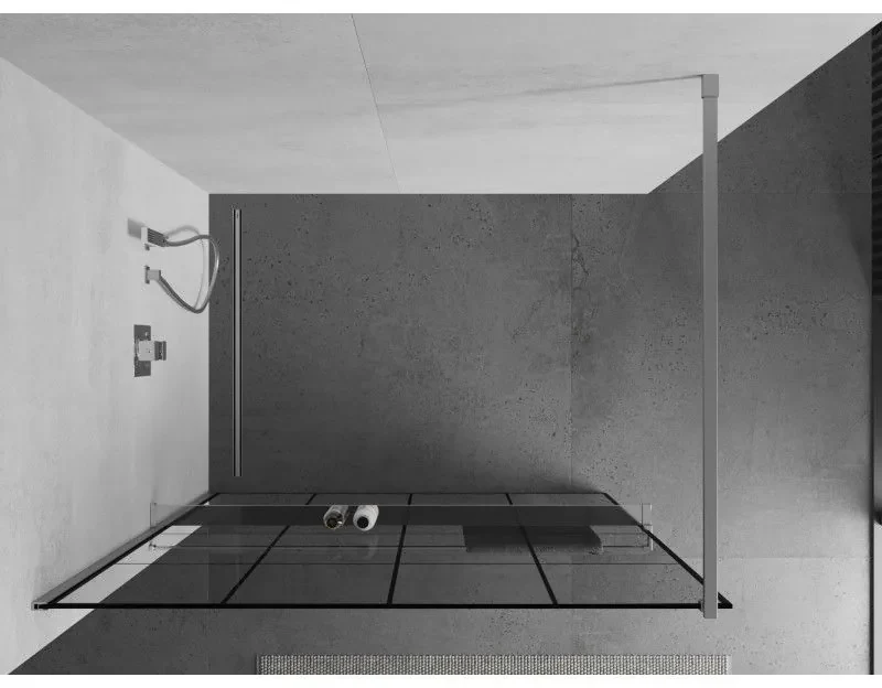Mexen Kioto+, sprchová zástena s poličkou a držiakom na uteráky 130 x 200 cm, 8mm číre sklo vzor čierny rám, chrómový profil, 800-130-121-01-77