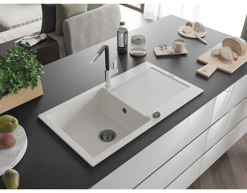 Mexen Leo, 1-komorový granitový drez 900x500x190 mm a drezová batéria Flora, biela, 6501-20-670401-07-B