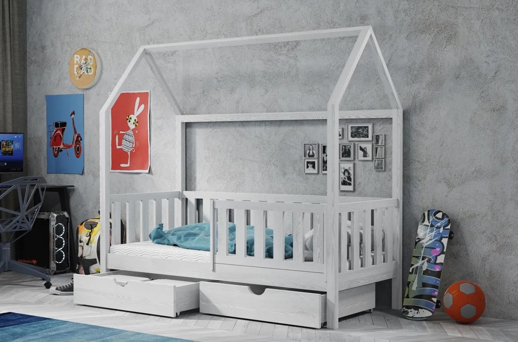 Detská domčeková posteľ z masívu borovice MAGDA so šuplíkmi - 200x90 cm - BIELA