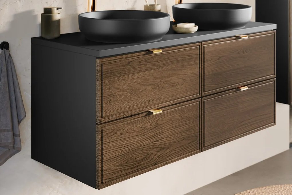 Koupelnová sestava s deskou, skříňkami, umyvadly a zrcadlem Talia Casella 120 cm černý mat/dub casella