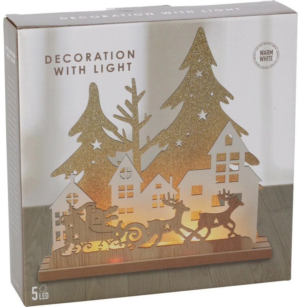 Vianočná stolná LED lampa Domčeky a Santa na saniach, MDF, 19,5 x 4,5 x 19,5 cm