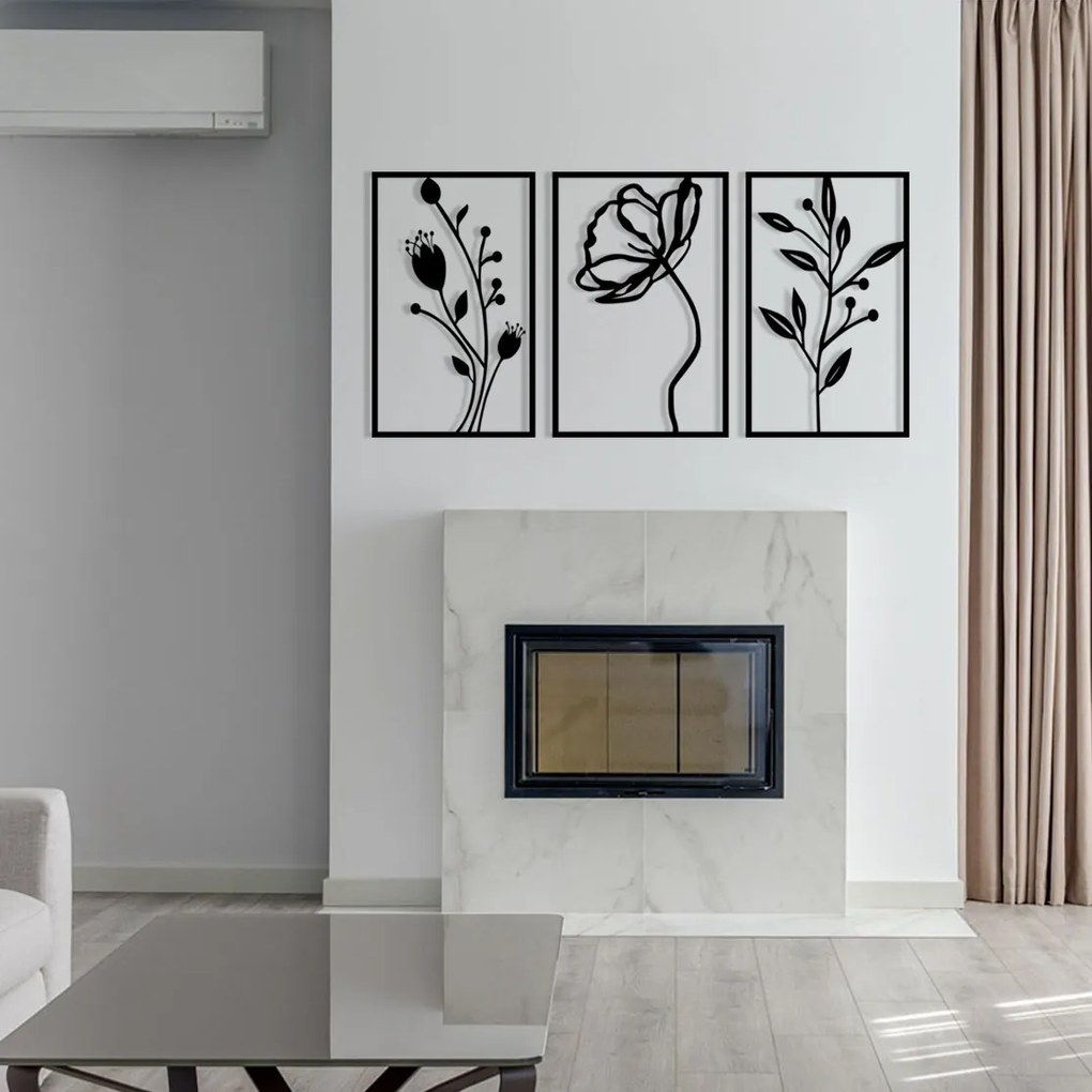 Nástenná kovová dekorácia Kvety čierna