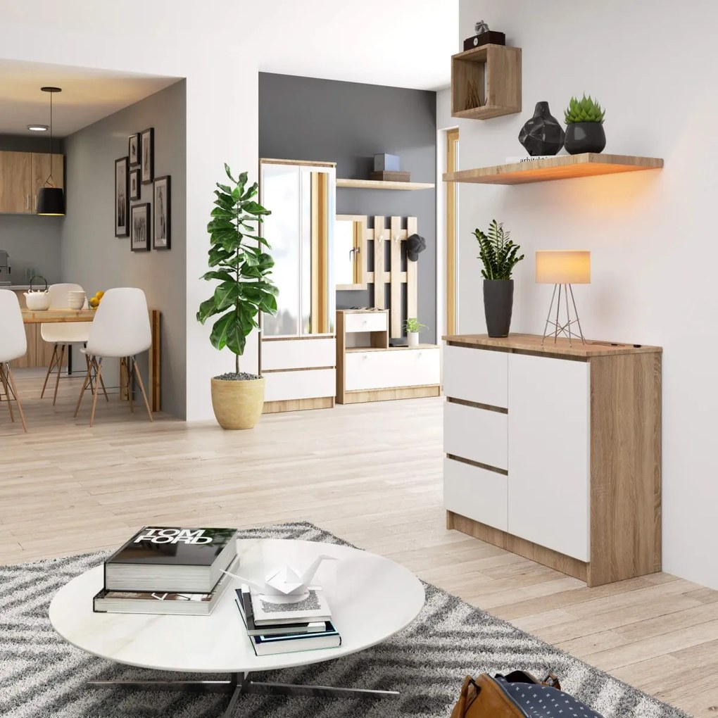 Komoda JERRY K 80 cm 1 dvere 3 zásuvky dub sonoma/biela