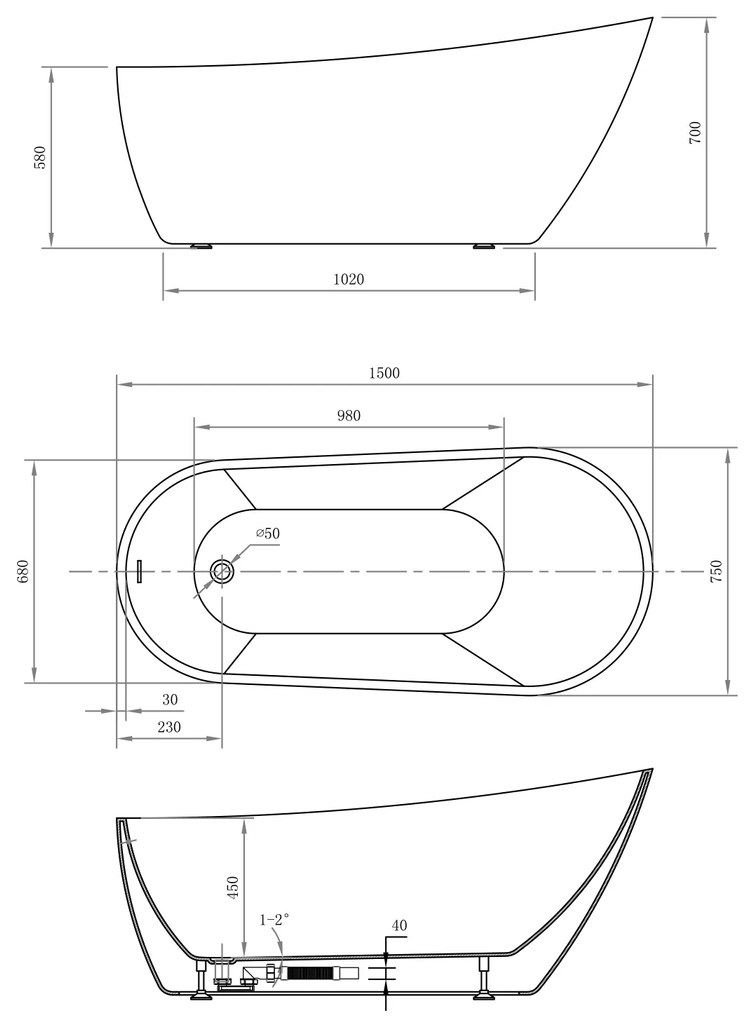 Aqualine Aqualine, TISA voľne stojaca vaňa 150x75 cm, biela, E1575