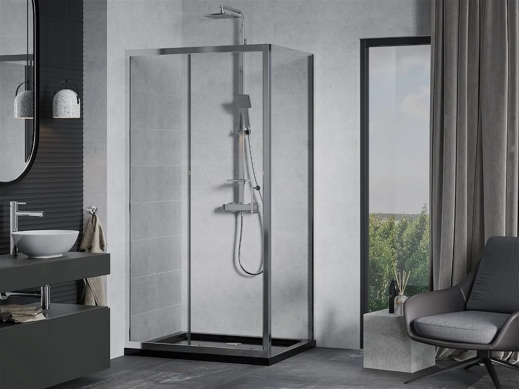Mexen Apia sprchovací kút s posuvnými dverami 140 (dvere) x 100 (stena) cm, 5mm číre sklo, chrómový profil + čierna sprchová vanička s chrómovým sifónom, 840-140-100-01-00-4070