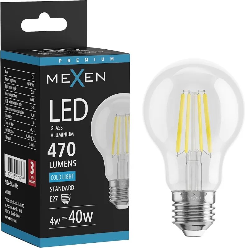 Mexen Vintis, LED filamentová žiarovka E27, A60, 4 W, studená biela 6500K, číra, L150-E27-0465-00