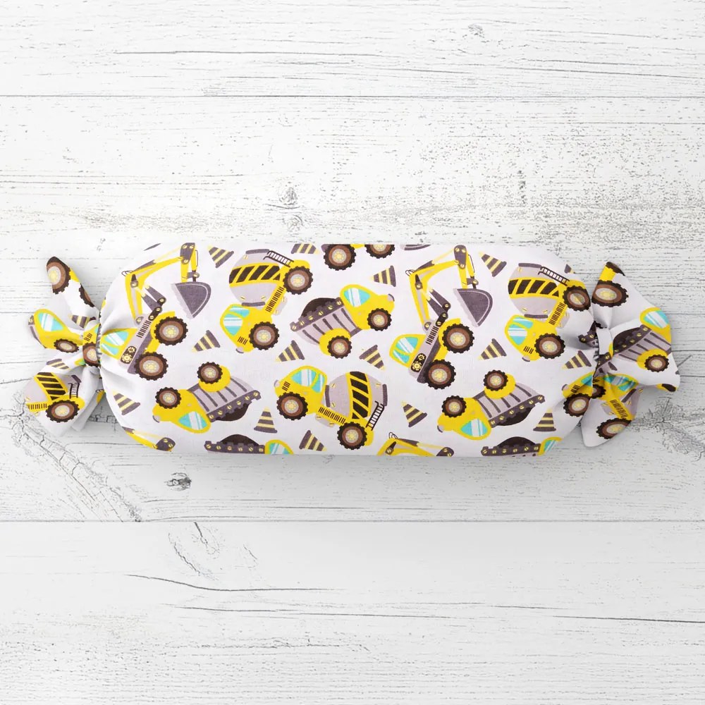 Biante Detský vankúš valec bonbon Sandra SA-291 Žlté stavebné autá na bielom 15x40 cm