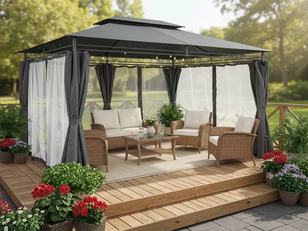 CH Tmavosivý záhradný altánok so závesmi a sieťkou Altana 3 x 4 m