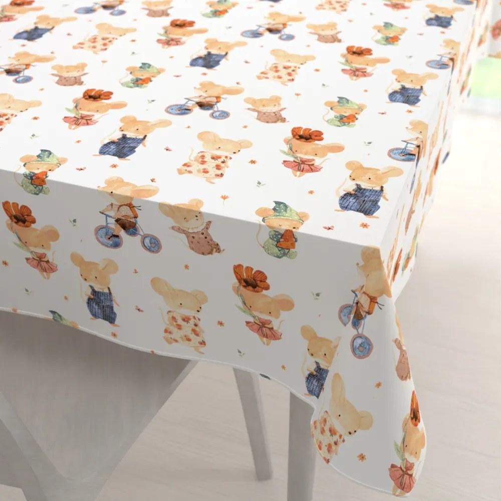 Biante Detský bavlnený obdĺžnikový obrus Sandra SA-611 Hravé myšky na bielom 60x100 cm
