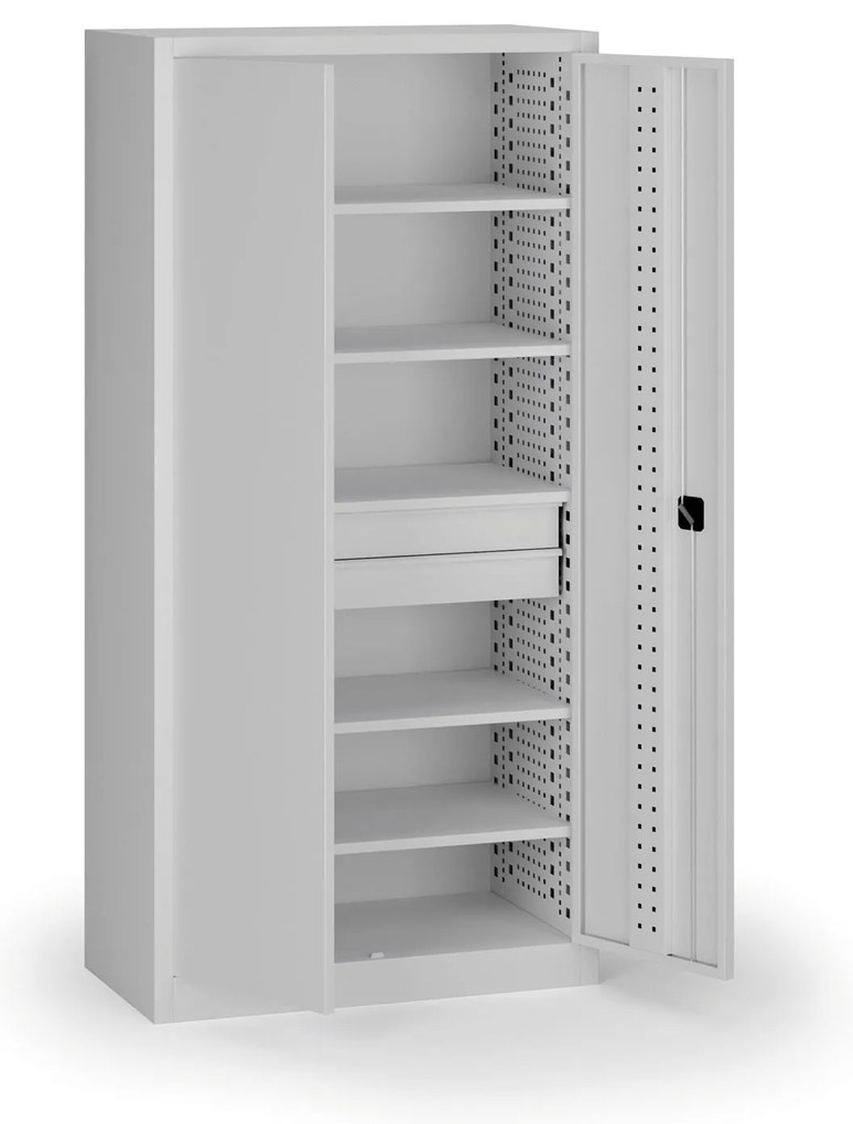 Policová dielenská skriňa 2-dverová, 5 políc + 2 zásuvky, 1950 × 950 × 500 mm, sivé dvere