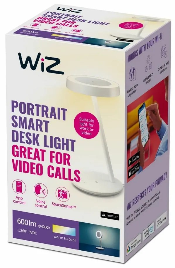 WiZ 8720169072695 stolná LED lampa Portrait, biela, 1x 10 W 600lm 2700-6500K