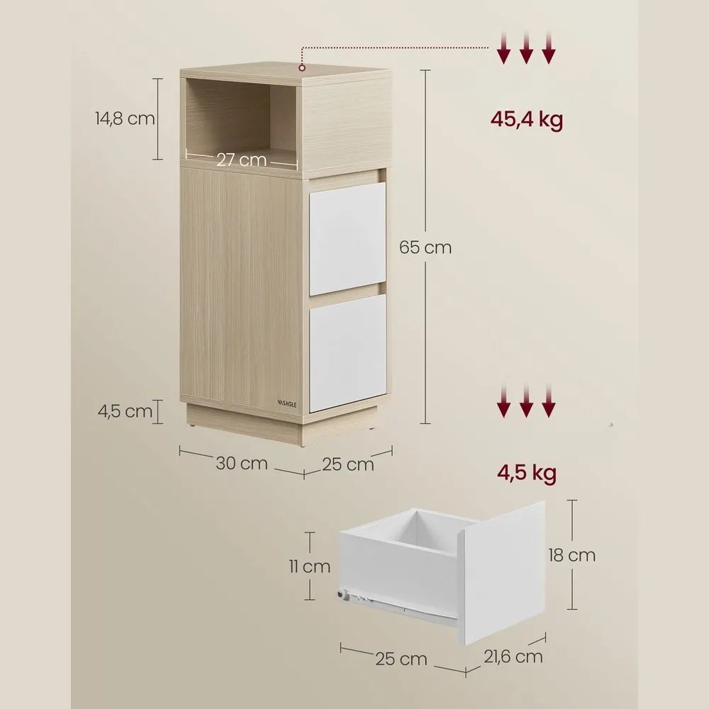 Nočný stolík ROBIN, 30x25x65cm, biela/béžová Vasagle
