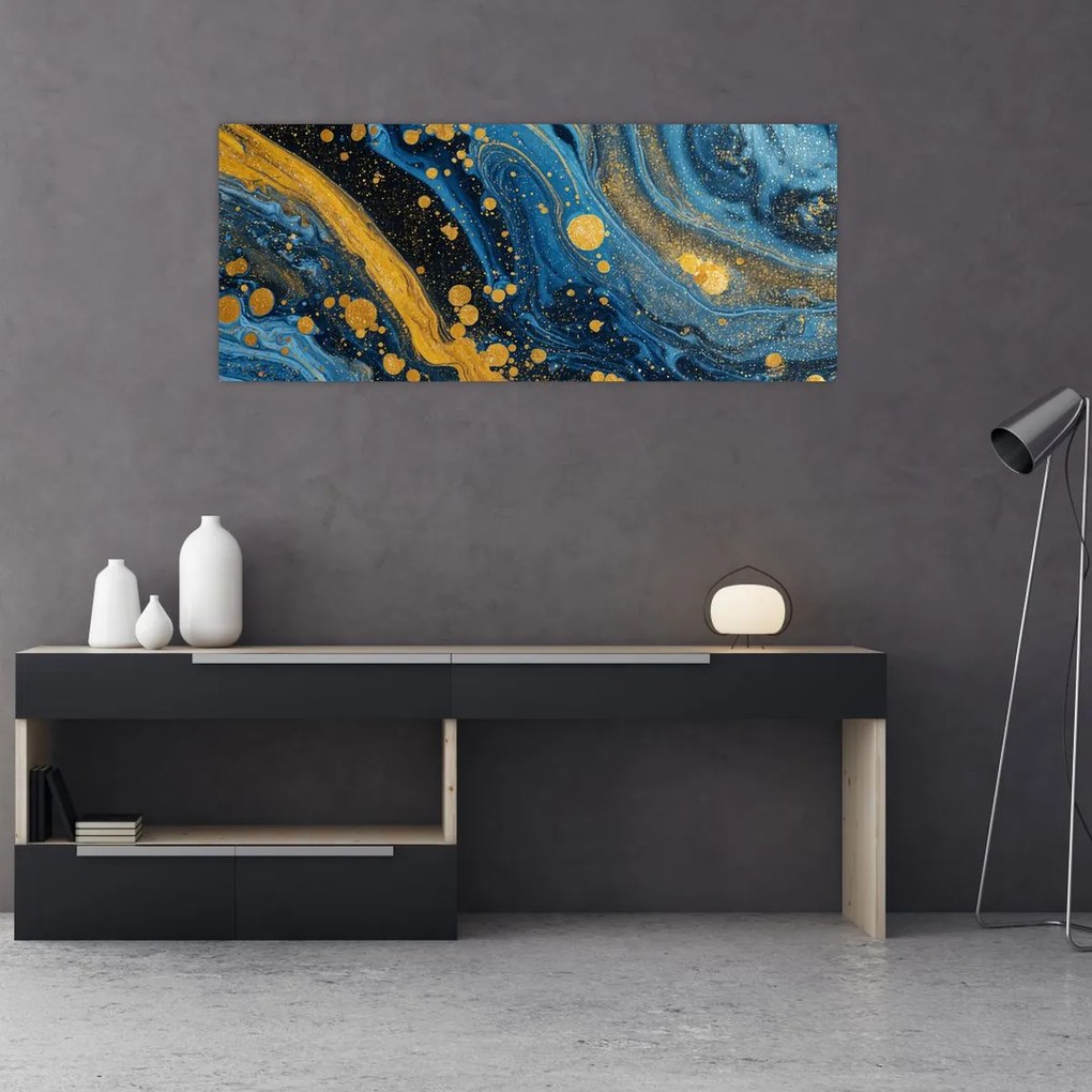 Obraz - Modrá abstrakcia so zlatom (120x50 cm)