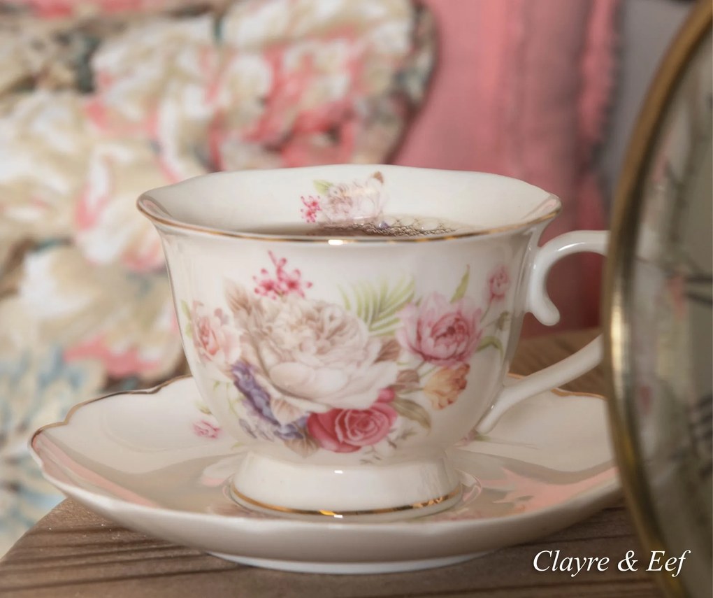 Pocelánový šálka s tanierikom s kvetmi - Ø 15*7 cm / 0.2 L