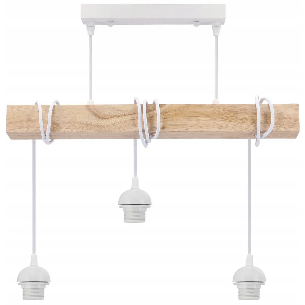 BERGE LED závesné stropné svietidlo, drevené, biele, 3xE27, loft pružina