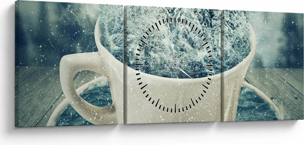 Obraz - Zimný svet v hrnčeku (s hodinami) (90x30 cm)
