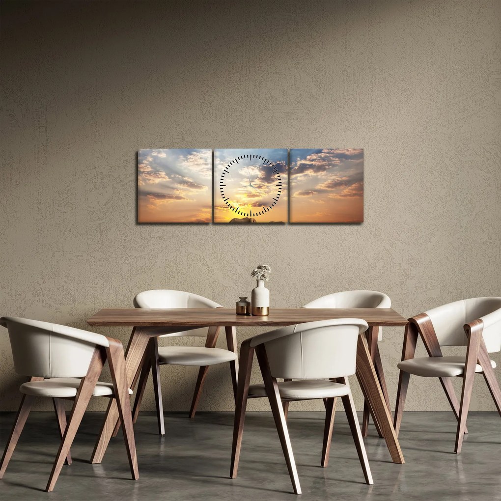 Obraz - Slony putujúce savanou (s hodinami) (90x30 cm)