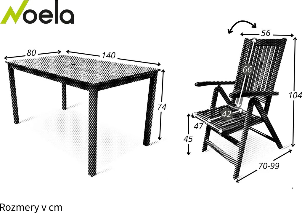 Noela Záhradný drevený stôl LUCY + 4x drevená polohovacia stolička Viet