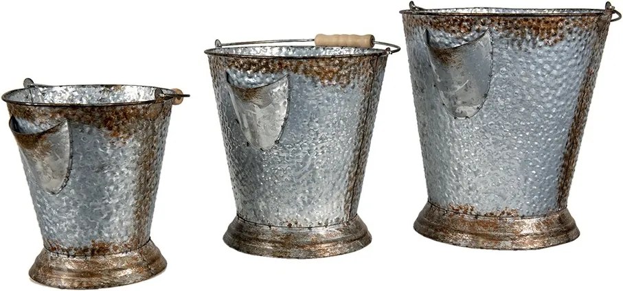 3ks šedé plechové dekoračné vedro - Ø 26*28 / Ø 22*24 / Ø 18*20 cm