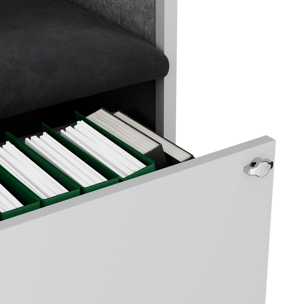 Kancelárska akustická kabína so sedadlom a portom USB-C, telo v sivý / sedák tmavosivá v zelenej farbe, 1150 mm: SALLY MentalBox