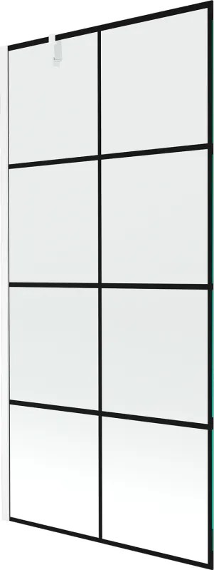 Mexen Next, vaňová zástena 1-krídlová 90 x 150 cm, fixné krídlo, 6 mm číre sklo s čiernym vzorom, biely profil, 895-090-000-00-77-20