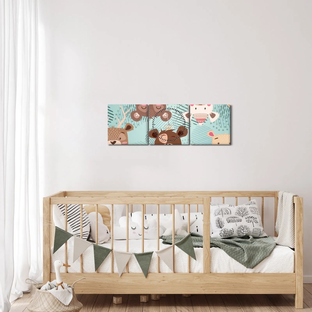 Obraz - Veselí medvedíci (s hodinami) (90x30 cm)