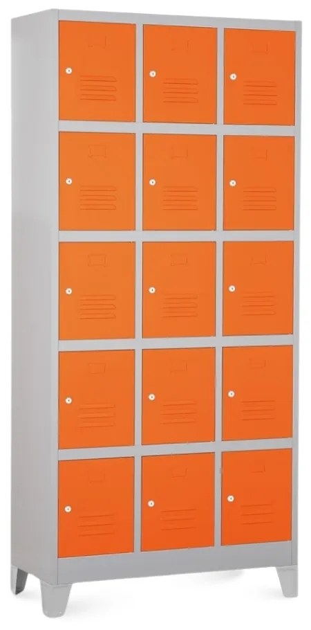 Kovová šatníková skrinka - 15 boxov, 90 x 40 x 195 cm, pevné nohy, cylindrický zámok, oranžová - ral 2004