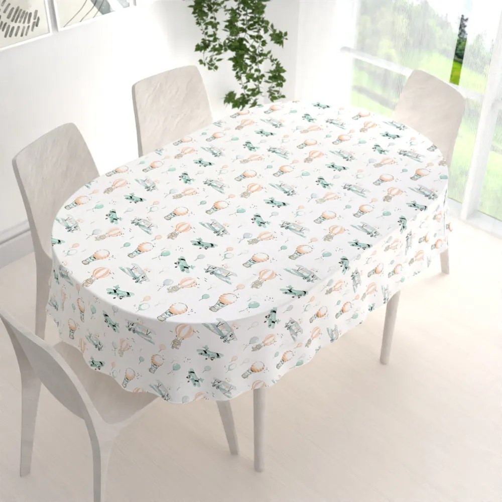 Biante Detský bavlnený oválny obrus Sandra SA-457 Líšky v lietadielkach na bielom 140x180 cm