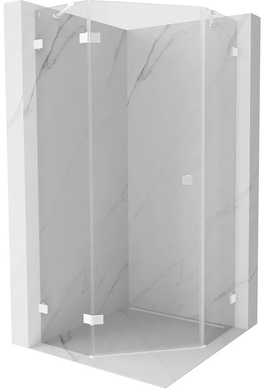 Mexen Lunar, päťuholníkový sprchový kút s ľavým sklonom 90 x 90 cm, 8mm číre sklo, biely profil, 831-090L-090P-20-00-L