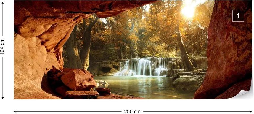 Fototapeta GLIX - Lake Forest Waterfall Cave + lepidlo ZADARMO Vliesová tapeta  - 250x104 cm