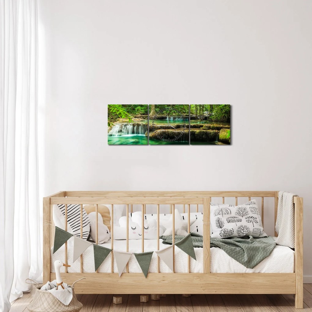 Obraz - Zelený vodopád (s hodinami) (90x30 cm)