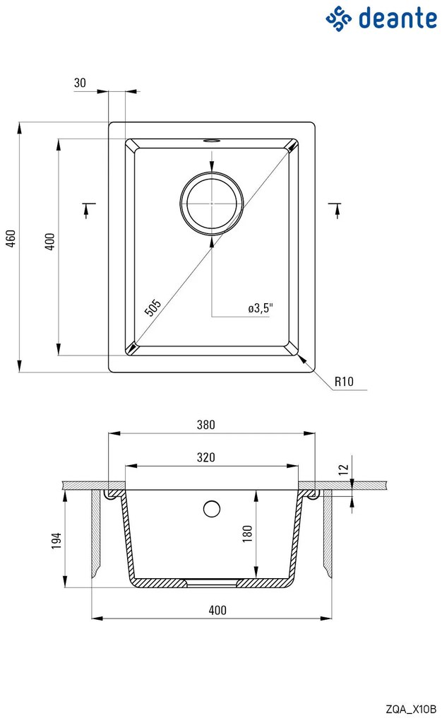 Deante Corda, granitový drez pod dosku 380x460x194 mm, 3,5" + priestorovo úsporný sifón, 1-komorový, antracitová metalíza, ZQA_T10B