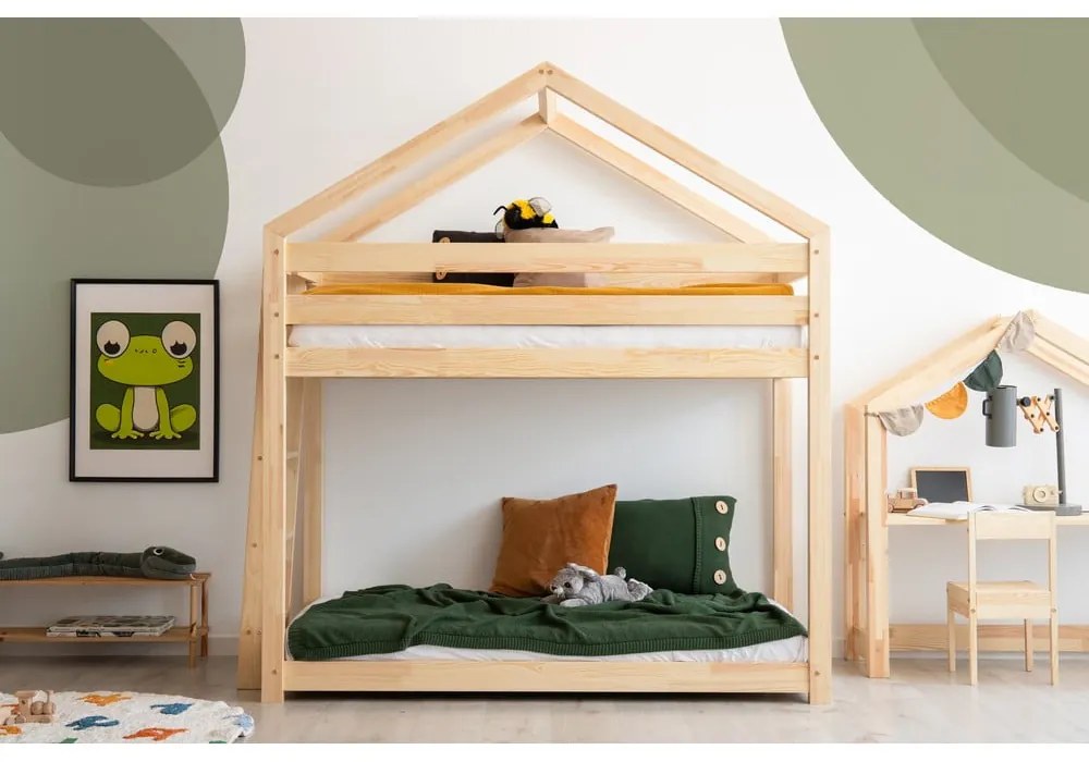 Domčeková poschodová detská posteľ z borovicového dreva 90x190 cm v prírodnej farbe – Adeko