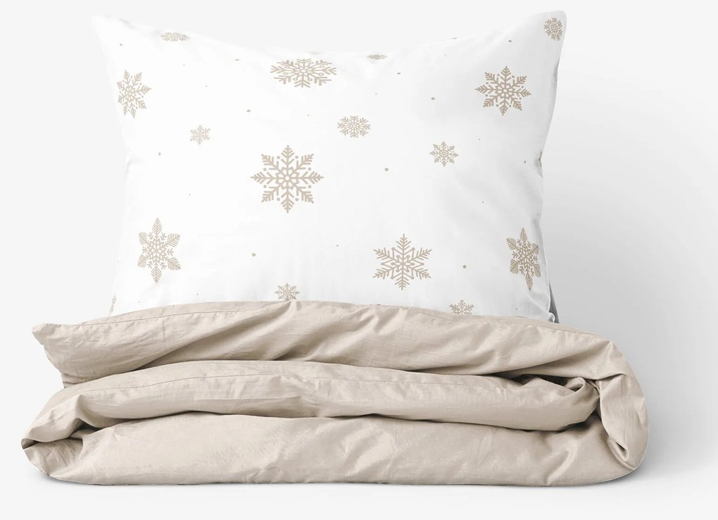 Goldea vianočné bavlnené posteľné obliečky duo - snehové vločky na bielej s latte 200 x 200 a 2ks 70 x 90 cm