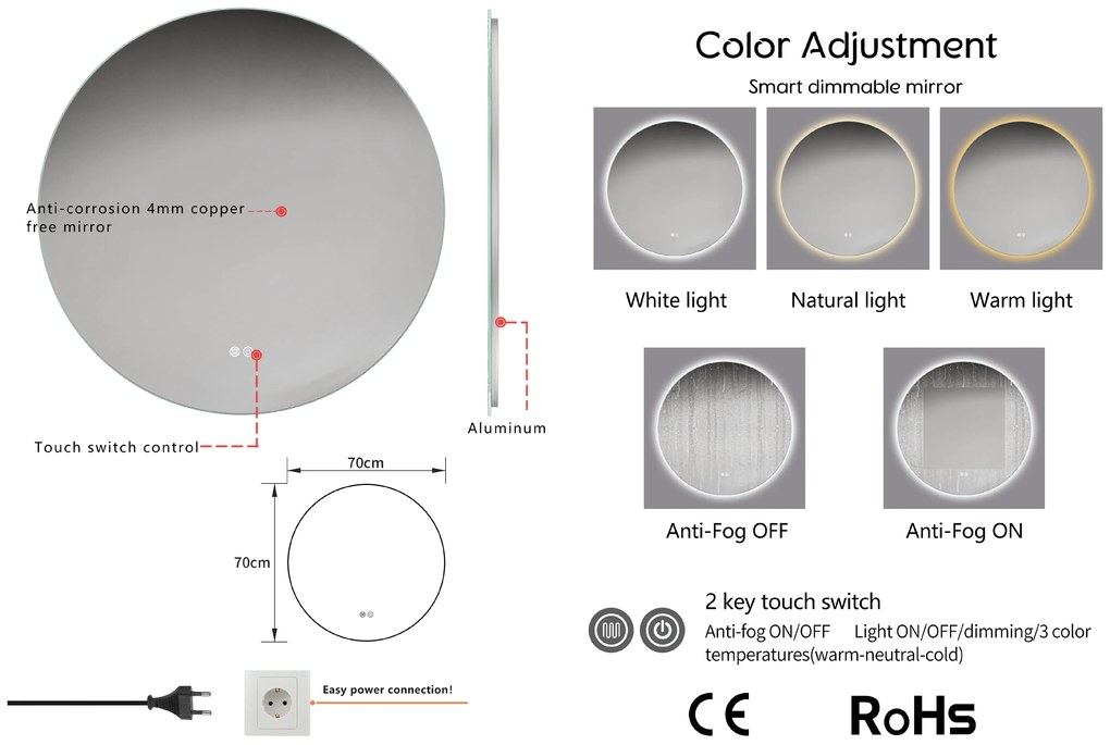 Erga Sofia, okrúhle LED zrkadlo 70cm, 1610 lm, 3 farby svetla, ERG-V01-207-7070