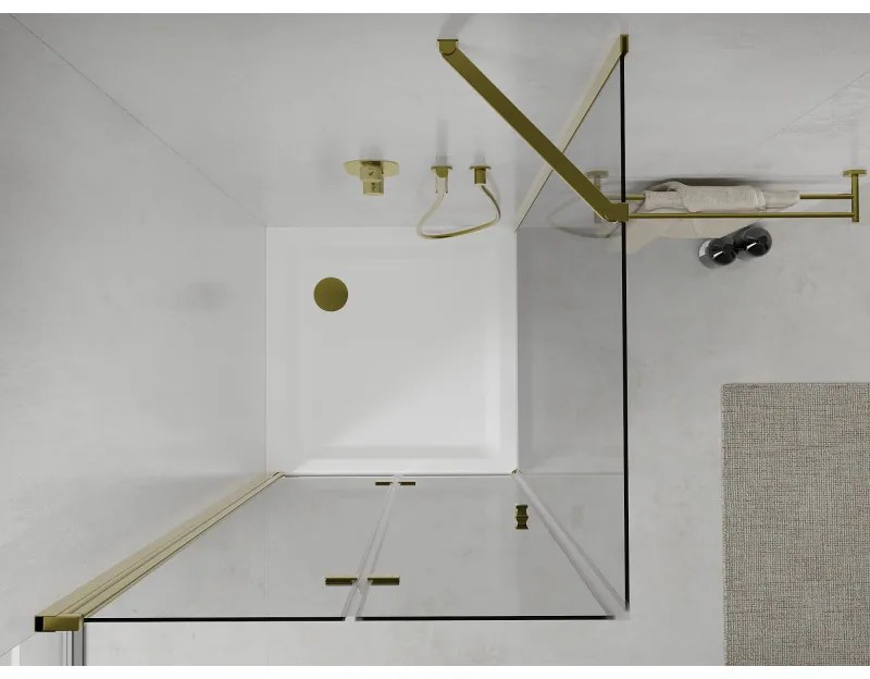 Mexen Lima sprchovací kút so skladacími dverami 100 x 100 cm, 6mm číre sklo, zlatý profil + sprchová vanička Slim, 856-100-100-50-00-4010
