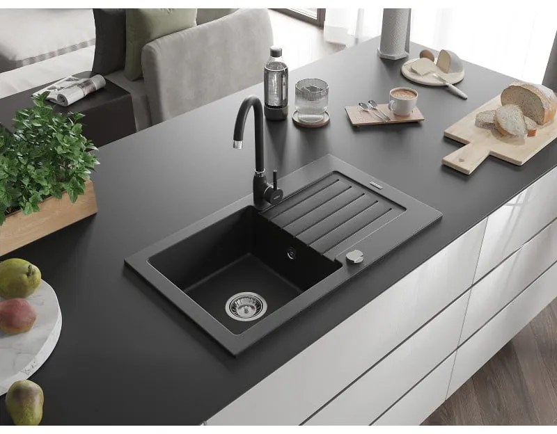 Mexen Pablo, 1-komorový granitový drez s odkvapkávačom 75x44 cm a kuchynskou batériou Telma, čierna, 6510-77-670200-70