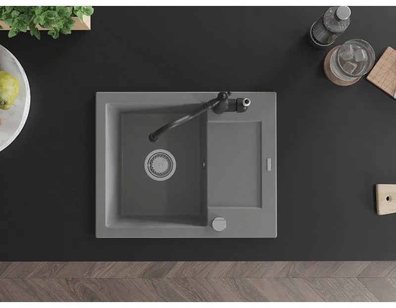 Mexen Enzo, granitový drez 576x465x174 mm, 1-komorový a drezová batéria Carla, šedá, 6506-71-670700-70