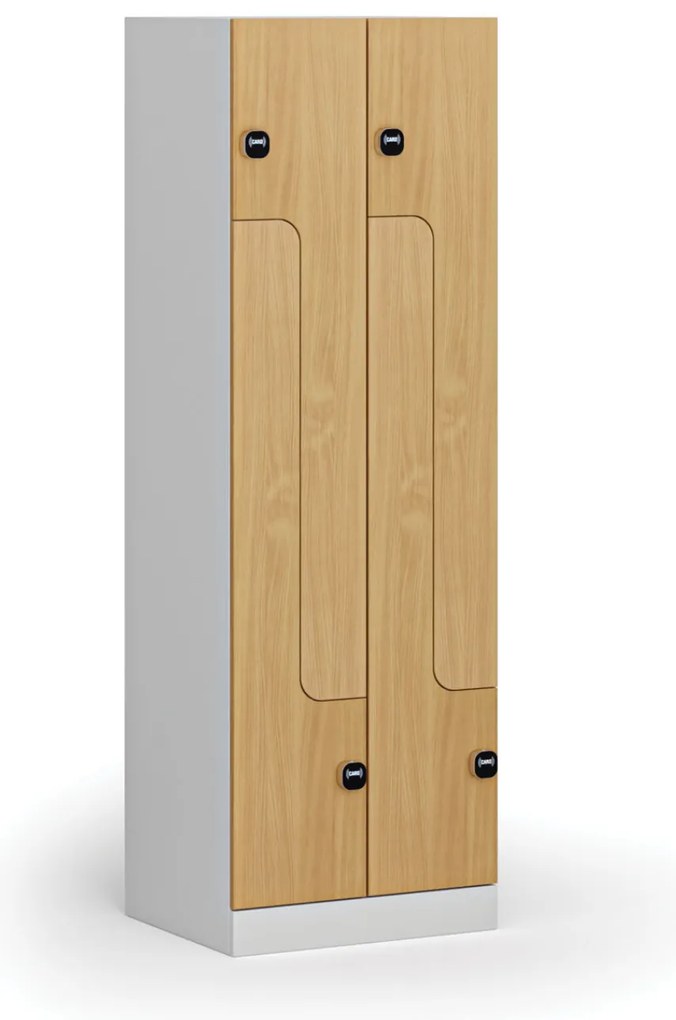 Kovová šatníková skrinka Z, 4 oddiely, 1850 x 600 x 500 mm, demont, zámok s čítačkou RFID kariet, laminované dvere, buk