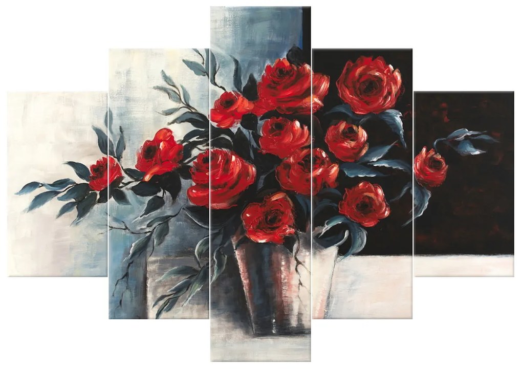 Gario Ručne maľovaný obraz Ruže vo váze - 5 dielny Rozmery: 150 x 105 cm