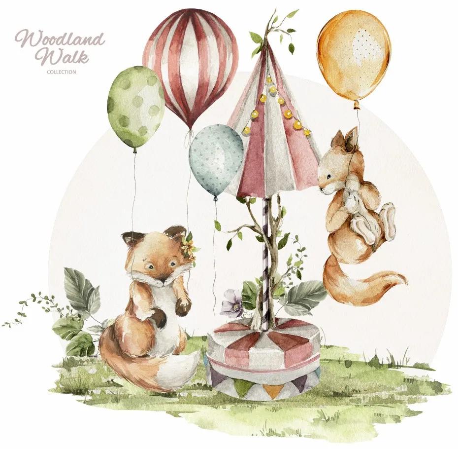 Gario Detská nálepka na stenu Woodland walk - líška a veverička s balónikmi Rozmery: 70 x 68 cm