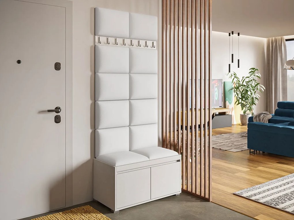 Nábytok do predsiene Kendora 80 (s 12 ks. čalúnených nástenných panelov Pazara 40x30) (ekokoža soft 017 (biela). Vlastná spoľahlivá doprava až k Vám domov. 1054002