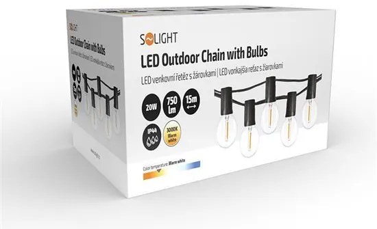 SOLIGHT LED vonkajšia reťaz s žiarovkami, 25 žiaroviek, 15m +5m, 20W, teplá biela