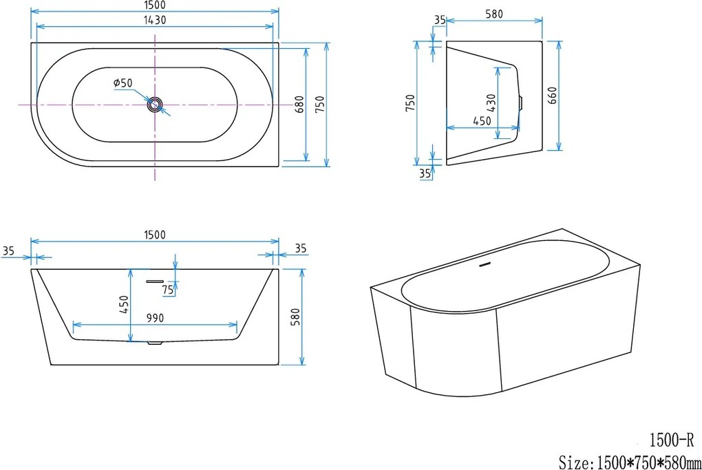 Erga Zara, rohová voľne stojaca vaňa 150x75 cm + odtoková zátka, pravá, biela lesklá, ERG-ZARA-150075R-WH-WH