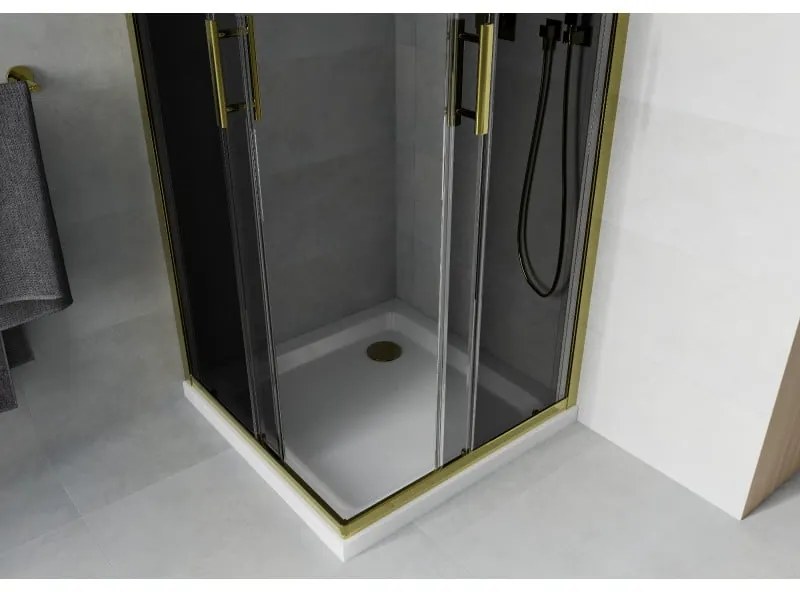 Mexen Rio, štvorcový sprchovací kút s posuvnými dverami 80(dvere) x 80(dvere) x 190 cm, 6mm šedé sklo, zlatý profil + biela sprchová vanička SLIM, 860-080-080-50-40-4010G
