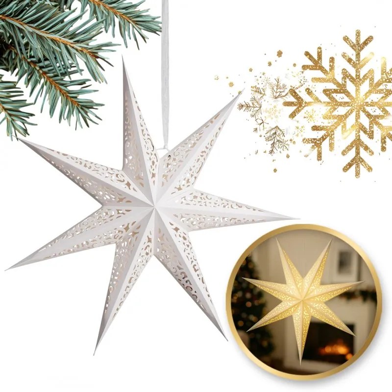 Vianočná papierová hviezda sedemcípa AUREVIA 60 cm, biela
