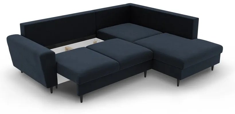 Tmavomodrá zamatová rozkladacia/s úložným priestorom rohová pohovka (pravý roh/do L) Kyoto – Cosmopolitan Design