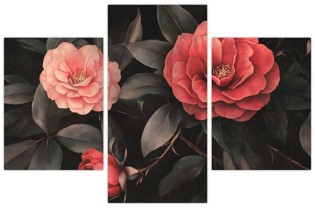 Obraz - Červené kvety na tmavom pozadí (90x60 cm)