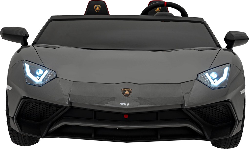 Ramiz Lamborghini Aventador SV batéria pre 2 deti Sivá + Bezkartáčový motor + Nafukovacie kolesá + LED audio